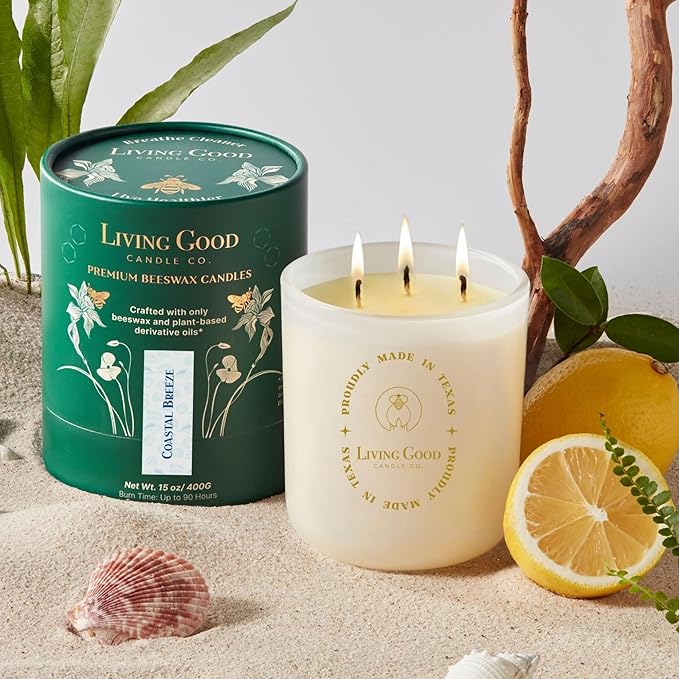 Coastal Breeze - Yuzu & Sea Salt Pure Beeswax Candle – 90+ Hours Long Burning Classically Designed Non-Toxic Scented Candles for Home Decor with Natural Fragrance 15 oz