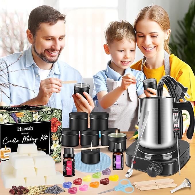 Complete Candle Making Kit With Wax Melter, Candle Making Supplies, DIY Arts&Crafts Kits Gift For Adults,Beginners,Including Bees Wax,500w Electric Stove,Wicks,Rich Scents,Wick Clips,Pouring Pot Etc.