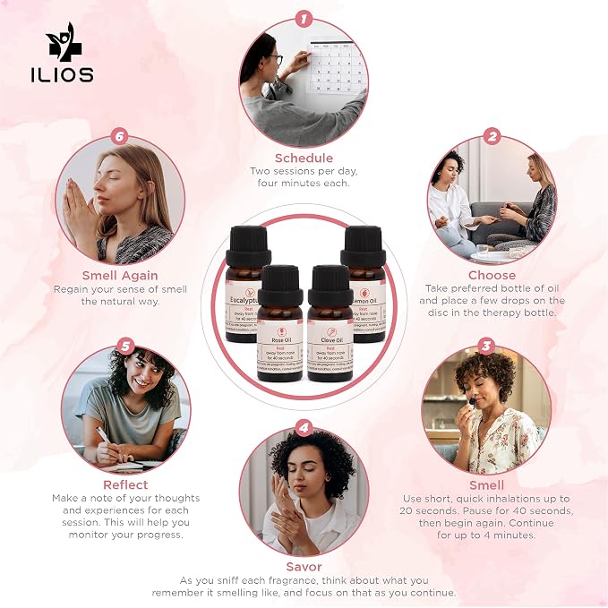 Ilios Olfactory Smell Training Kit, 4 Essential Oils, All Natural Stimulating Aromatherapy for Loss of Senses with Lemon, Clove, Rose, Eucalyptus, and Accessories