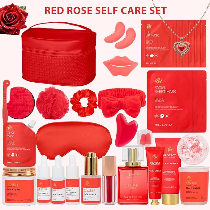 33 Pcs Mother's Day Gifts, Red Rose Bath & Body Gift Set for Women, Home Spa Kit, Hydrating Skin Care Set, Self Care Gift Basket, Cosmetic Bag, Necklace, Valentines, Birthday, Anniversary