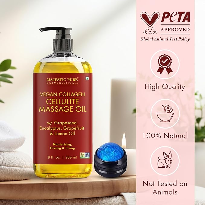 Majestic Pure Cellulite Massage Oil for Massage Therapy- Refreshing and Relaxing- Natural Oils with Grapeseed, Eucalyptus, Grapefruit & Lemon Oil- All Skin Types- Men and Women Massage Lotion- 8 fl oz