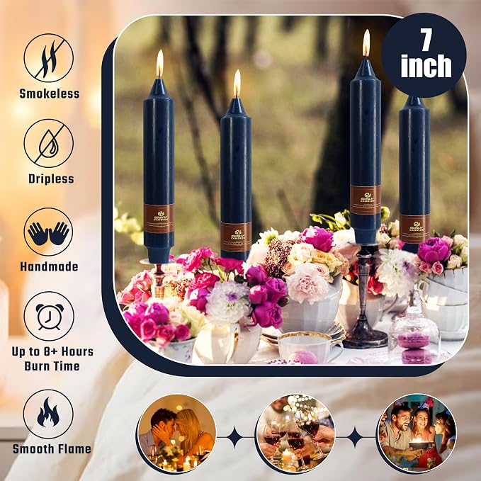 Navy Short Taper Candle 7 Inch Candlesticks Unscented Dripless Tapered Candle Set for Home Decor Wedding Party Dinner Candles, 4 Pack