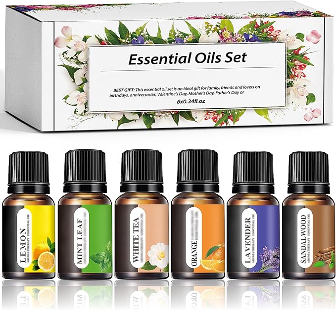 Aromatherapy Essential Oils Kit, 6pcs Pure Scented Oils for Diffuser, Soap, Massage & Home Use - Lavender, Mint, Lemon, Orange, Sandalwood, White Tea