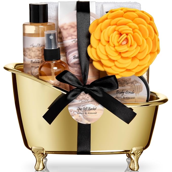 Aqua Elegante Spa Gift Basket - Luxury Bath Set with Body Wash, Bubble Bath, Lotion, Salts, Scrub, Spray, Shower Puff, Towel, Gifts for Women, Mom, Wife, Her - Honey & Almond