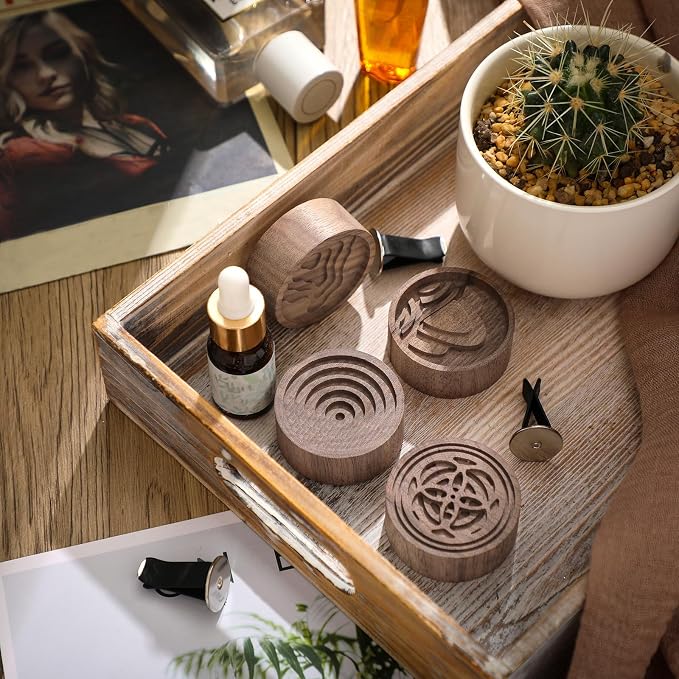 Teenyyou 4 Pcs Wooden Essential Oil Diffuser Car Aromatherapy Passive Diffuser with Vent Clip Walnut Wood Round Air Freshener Winter Gifts for Home Offices Yoga Rooms Sauna Rooms