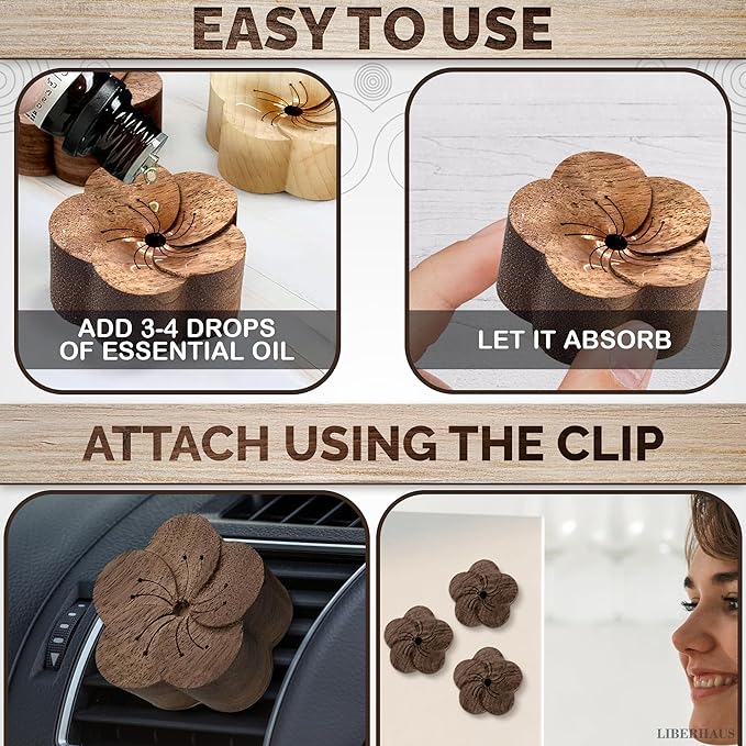 2 Pcs Car Essential Oil Diffuser Vent Clip – Reusable Oil-Absorbing Wooden Flower for Custom Scent, Essential Oil Diffuser for Car with Magnetic Hold – Vintage Air Freshener for Refreshing Your Space