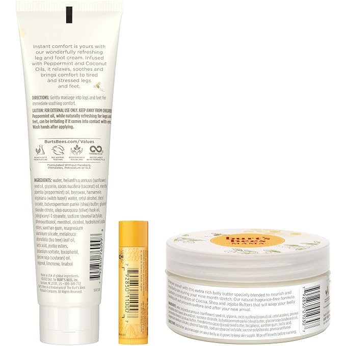 Burt's Bees Mama Gift Set, Includes Lip Balm, Leg and Foot Cream, and Belly Butter, Natural Origin Skin Care, 0.15 oz./3.38 oz./6.5 oz.