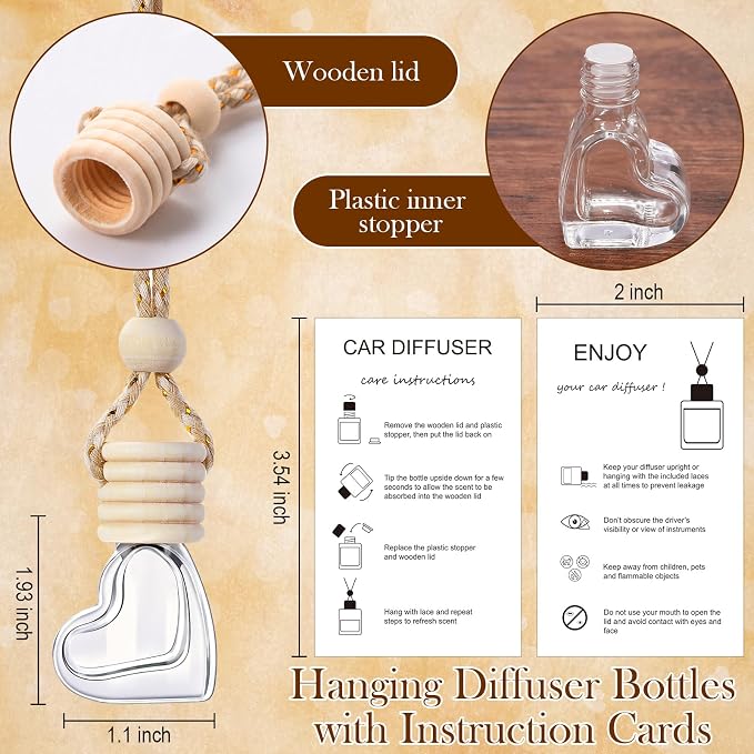 Boao 25 Sets Hanging Car Air Freshener Diffuser Bottles Empty Bulk with Car Diffuser Instruction Cards Organza Bags Glass Refillable Essential Oil Fragrance Aromatherapy Pendant (Heart,Clear)