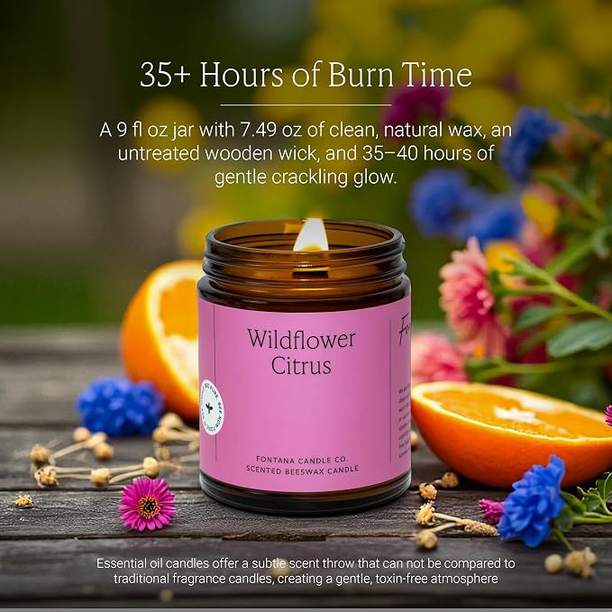Fontana Candle Co Wood Wick Beeswax Jar Candle, Wildflower Citrus – Made Safe with Coconut Oil & Pure Essential Oils – 35+ Hrs Clean Burn, Long Lasting and Non-Toxic Candles for Home & Room Decor