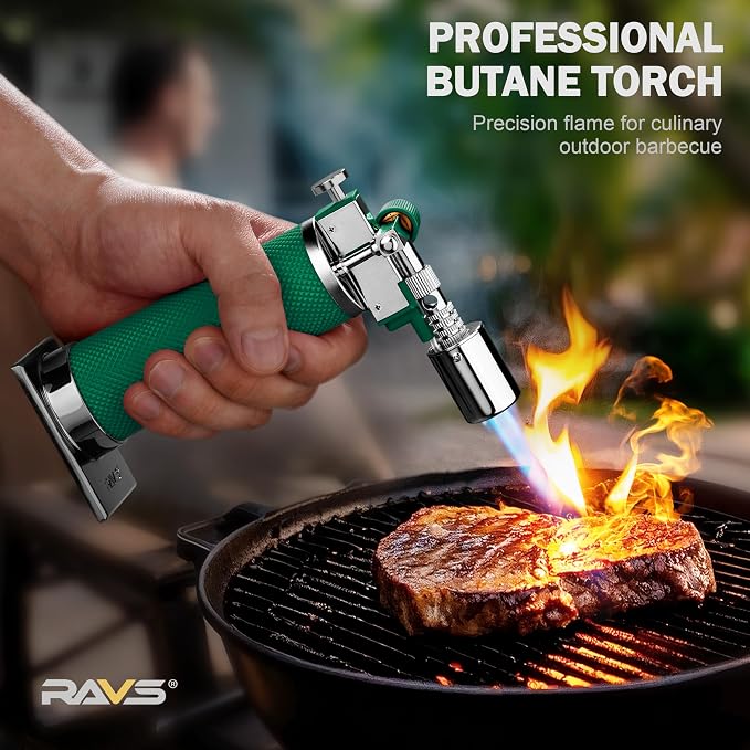 RAVS Butane Torch Lighter, Premium Metal Creme Brulee Torch with Adjustable Flame & Safety Buckle, Cooking Torch for Baking, BBQ, DIY, Green, Butane Gas Not Included