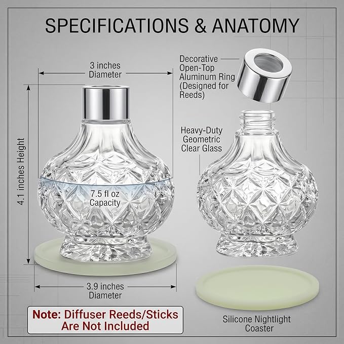 Reed Diffuser Bottle - Empty Glass Diffuser Bottles Refillable Fragrance Oils Jars Gourd Shape with Silver Decorative Hole Cap and Luminous Coaster Mat, 7.5 fl Oz,Clear (Reeds Not Included)