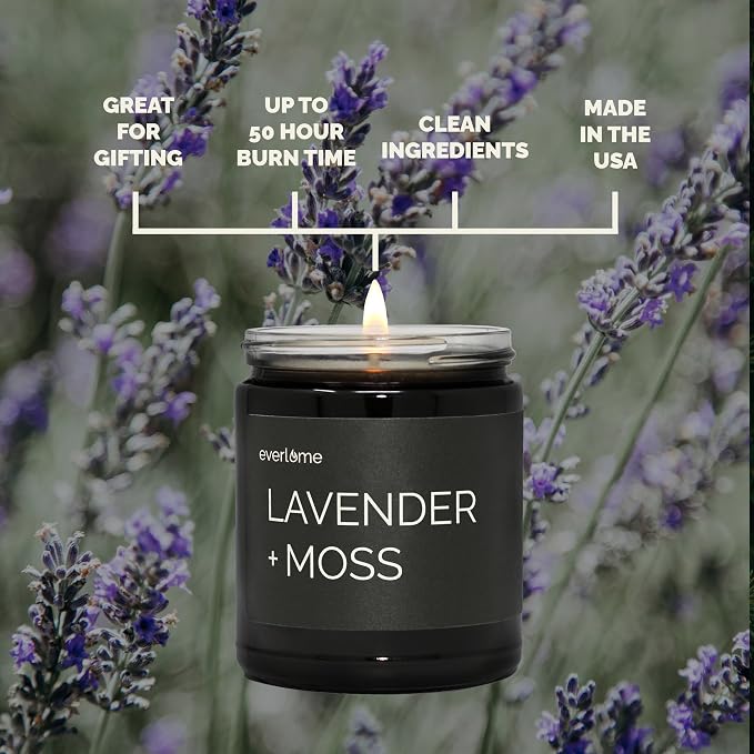Premium Soy Wax Candle | Highly Scented Black Glass Jar Candles | Long Lasting, Clean Burn | 8 oz | Gifts for Man and Woman | Made in USA (Lavender + Moss)