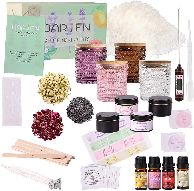 DARJEN Candle Making Kits for Adults- Candle Making Supplies with 4 Candle Jars(Clear, Pink, Purple, Amber), Candle Tins, Soy Wax, Scents, Dried Flower & More, DIY Starter Candle Making Kit Home Decor