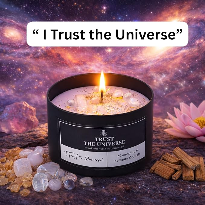 Trust the Universe Crystal Candle, 8oz Soy Wax with Moonstone & Selenite Crystals, Frankincense & Sandalwood Aromatherapy for Meditation, Manifestation & Spiritual Gifts for Women and Men