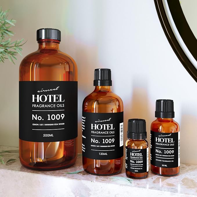 AirScent Hotel Diffuser Oil No. 1009 - Lemon Lily Hawaiian Koa Wood - Hotel Scent Dupe - Premium Fragrance Oil for Ultrasonic and Waterless Diffusers and Crafting - 10 mL, .34 ﬂ oz Glass Bottle