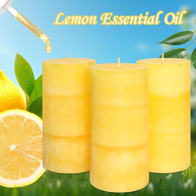 3 x 6 Inches Pillar Candles Lemon Scented Yellow Decorative Rustic Candles Citrus Scent Clean Burning Hand-Poured Large Candles Decorative for Home Aesthetic Relax Spa Bathroom