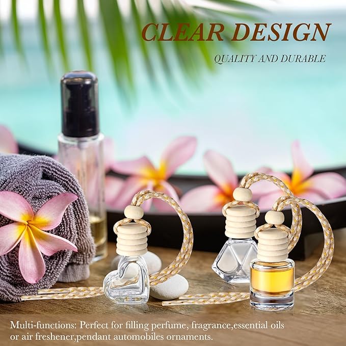 BBTO 120 Pcs Hanging Car Diffuser Bottles Empty Bulk, 8 Styles Empty Glass Air Freshener Bottles with Wooden Cap for Perfume Essential Oils Fragrance Aromatherapy Ornament