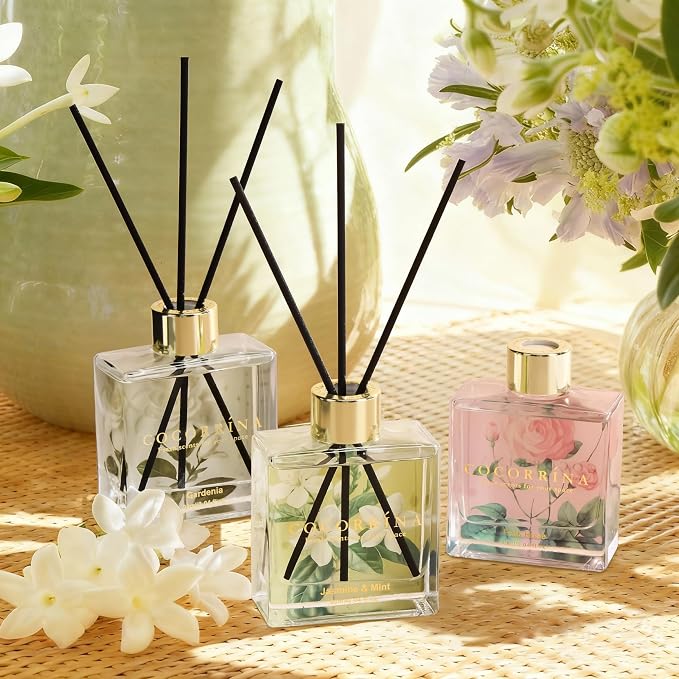 COCORRÍNA Reed Diffuser Set of 3-3 Pack/ 3.04 Fl.oz Diffuser with 24 Sticks Pink Rose/Gardenia/Jasmine & Mint, Reed Diffuser for Home Bathroom Office Decor