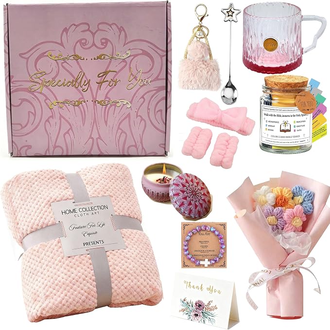 Birthday Gifts Set for Women Luxury Pink Spa & Self Care Gift Boxed Set with Cozy Blanket, Tumbler, Scented Candle, Sleep Mask & Mini Bouquet for Mom, Sister, Friend,Mother,Grandma, Wife