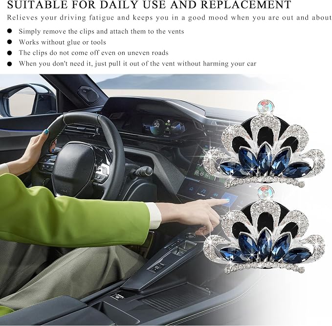 Yourkar 2 PCS Bling Car Air Vent Clips, Crystal Rhinestone Crown Vent Decorative Air Freshener Clips, Sparkly Diamond A/C Outlet Aroma Diffuser Clip for Vehicles, Car Accessories (Blue)