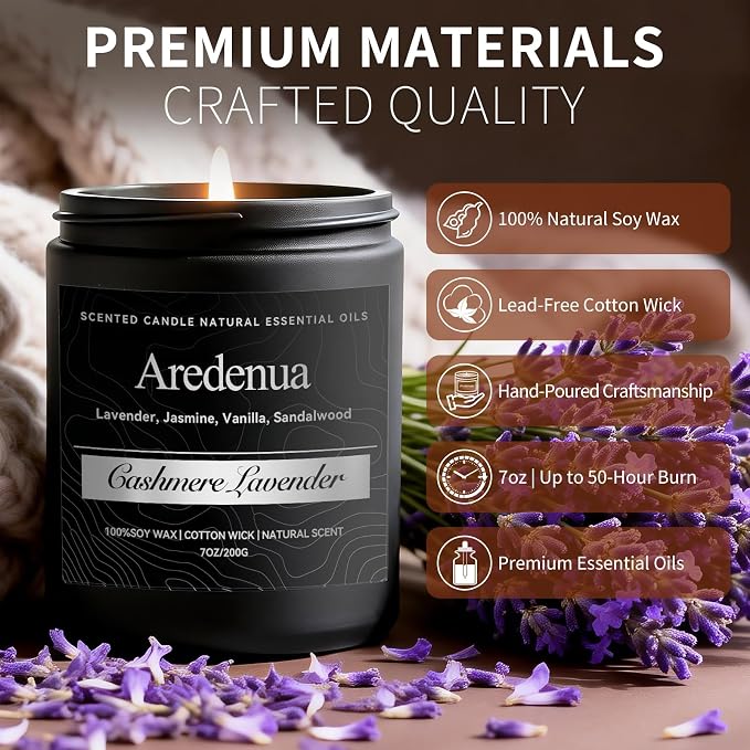 Cashmere Lavender Candle - Soy Candles for Home Scented, Relaxing Aromatherapy Candle for Women Men - 7oz Long Lasting Candles Gift for Women & Men, 50 Hours Burn Tim