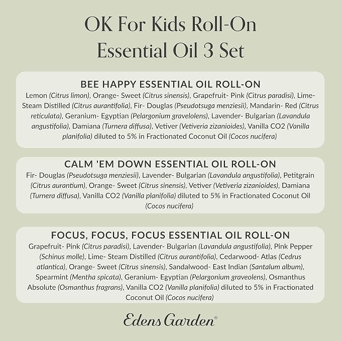 Edens Garden OK For Kids Essential Oil Roll-On 3 Set – 100% Pure Therapeutic Grade, Natural Aromatherapy Blends – Gentle & Pre-Diluted, Includes Bee Happy, Calm 'Em Down & Focus, 10 ml Roll-On/ 3 Pack