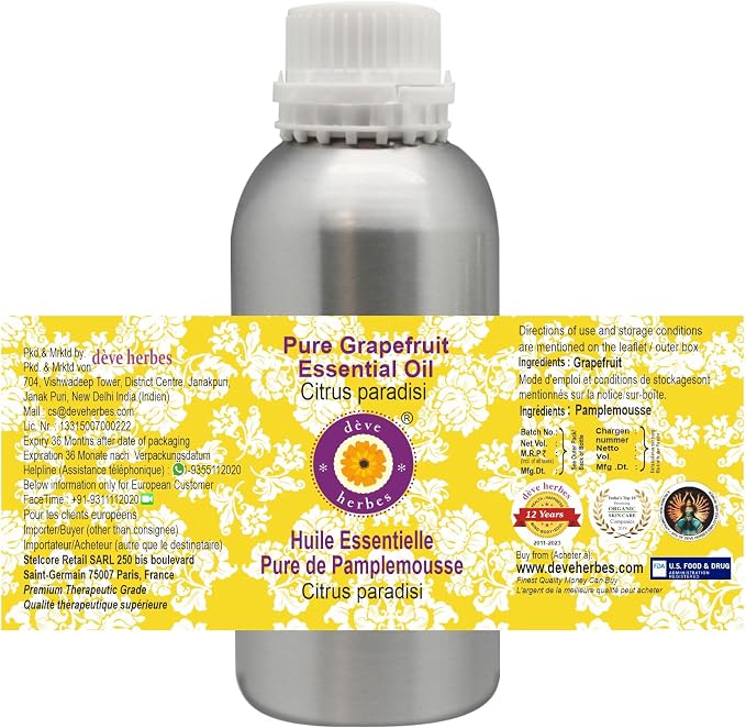 Deve Herbes Pure Grapefruit Essential Oil (Citrus paradisi) Steam Distilled 300ml (10 oz)