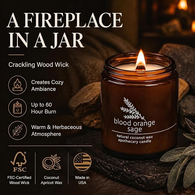 Hemlock Park Blood Orange Sage Apothecary Scented Candle | Crackling Wood Wick, Botanical Fragrance & Coconut Apricot Wax | Up to 60 Hour Burn Time | 8 oz | Made in USA