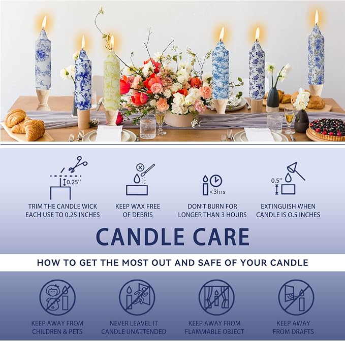 5 inch Short Blue Candle Floral Candle Sticks Printed Candlestick Handmade Unscented Taper Candle 4 Pack Flower Tapered Candles for Blue Home Dinner Wedding Holiday