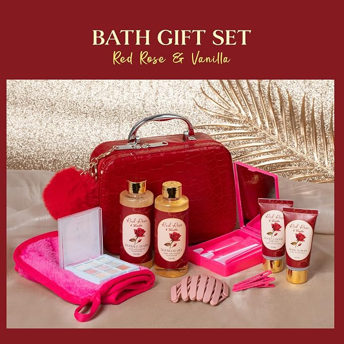 Spa Gift for Women, Red Rose Vanilla Bath and Body Basket Gift Cosmetic Bag | Face Skin Care Kit, Home Spa Self Care, Makeup, Birthday, Christmas, Mother, Bridal Shower Spa Kit for Teenage, Daughter Gift