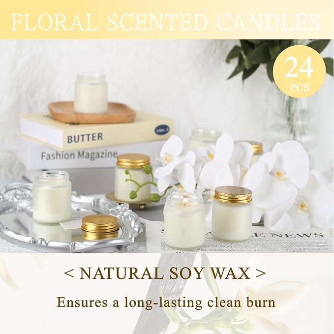 24 Pcs 4 Oz Mason Jar Candles, Vanilla Scented Soy Candles Bulk Set for Stress Relief and Relaxation, Great Favors for Wedding, Christmas, Housewarming Gifts (Gold,Frosted Glass, Vanilla, 24)