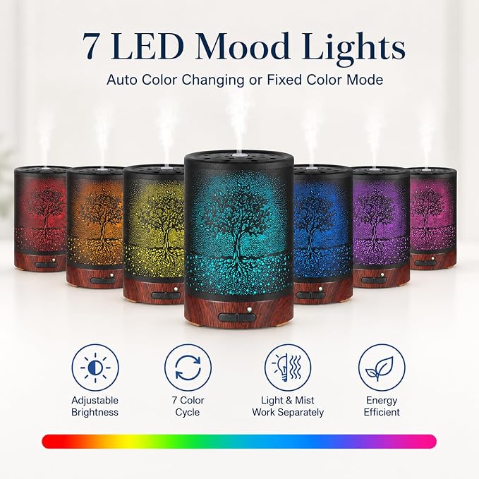 Essential Oil Diffuser- Aromatherapy Diffuser with7 Colors Light and Auto-Off for Women Metal Cool Mist Humidifier for Home and Office for Mom Women(Tree)