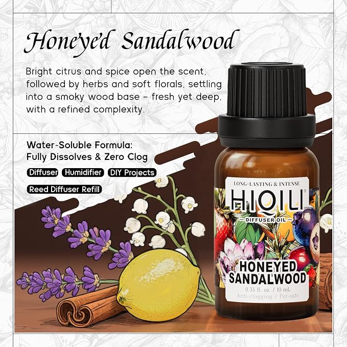 HIQILI Honeyed Sandalwood Diffuser Oil for Car Air fresheners, Ultrasonic or Reed Diffuser, Relaxing & Cozy, Hotel Scent - 0.34 Fl Oz