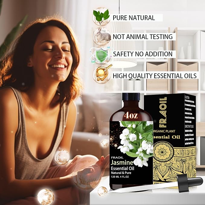 Jasmine Essential Oil, Jasmine Oil 4 Fl Oz 120ML for Diffuser Humidifier Yoga Cleaning DIY Candle Soap Making Perfume Gift for Women Essential Oils FRAOIL (Jasmine 4 Fl Oz (Pack of 1))