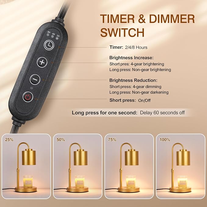 CASTLELIFE Candle Warmer Lamp with Timer & Dimmer, Height Adjustable Electric Wax Melt Warmer for Jar Candles, Gifts for Women Mom Home Decor, Gold