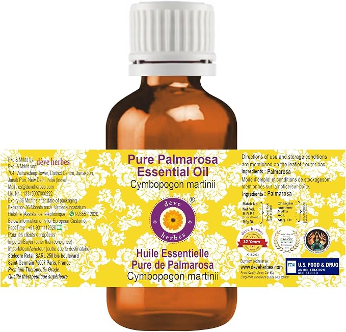 Deve Herbes Pure Palmarosa Essential Oil (Cymbopogon martinii) Steam Distilled 50ml (1.69 oz)