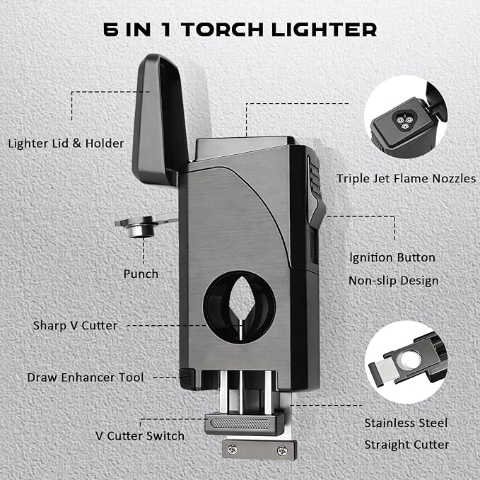 6-in-1 Triple Jet Butane Torch Lighter Built-in V & Straight Cutter, Punch, Holder, Draw Enhancer, Refillable Lighters and Windproof Gas Lighter for Candles, Cool Lighter for Men (No Gas)