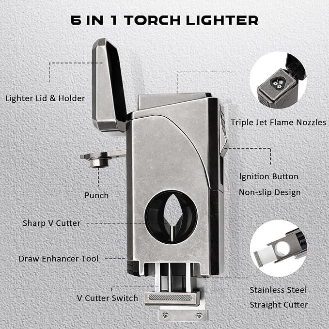 6-in-1 Triple Jet Butane Torch Lighter Built-in V & Straight Cutter, Punch, Holder, Draw Enhancer, Refillable Lighters and Windproof Gas Lighter for Candles, Cool Lighter for Men (No Gas)