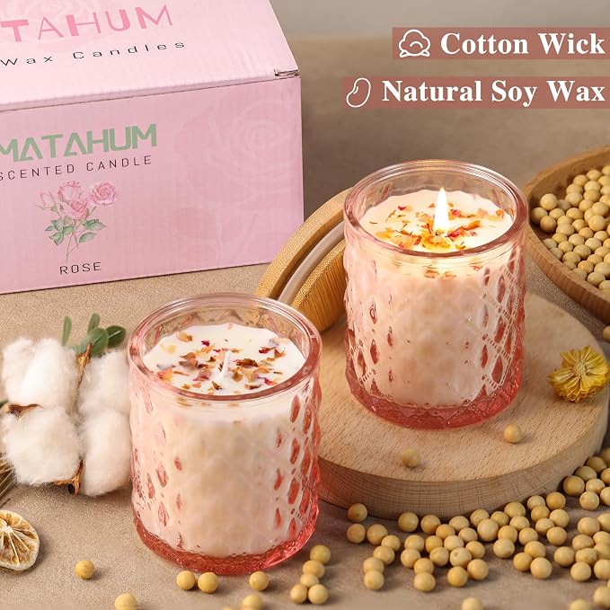 MATAHUM 2 Pack Rose Scented Candles for Home Decor, 6.5oz Natural Soy Wax Aromatherapy Jar Candles, Pink Rose Candles for Home Scented Relaxing, Valentine Birthday Housewarming Giftable for Women Girl