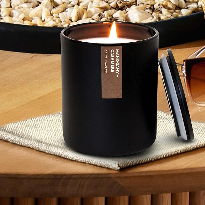 Calyan Wax Co. Mahogany & Cashmere Scented Candle - 75 Hour Burn - Luxury Clean Soy Wax Candles - Long Lasting Black Tumbler Jar Candle for Home - 10.2oz