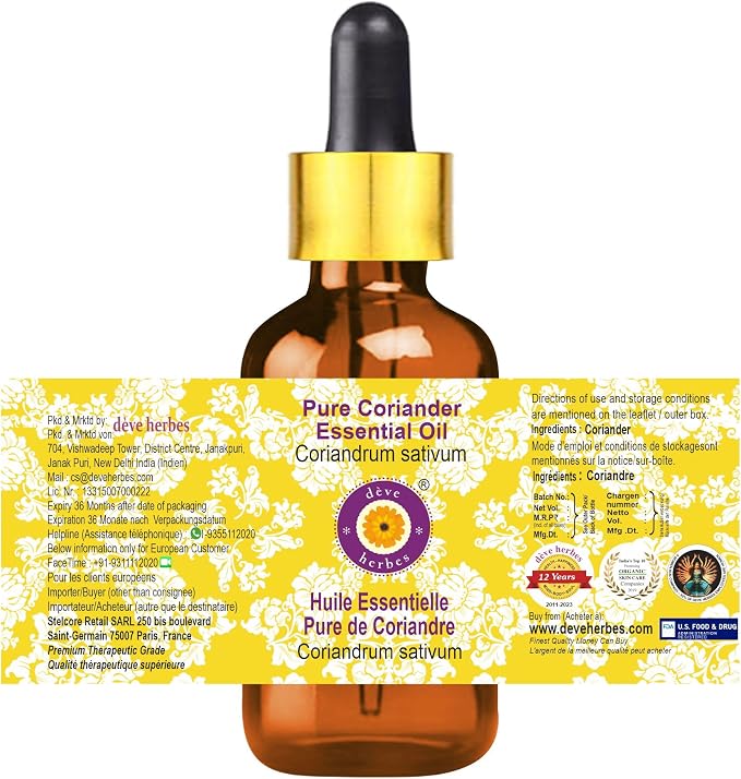 Deve Herbes Pure Coriander Essential Oil (Coriandrum sativum) with Glass Dropper Steam Distilled (Pack of Two) 100ml X 2 (6.76 oz)