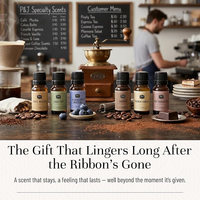 P&J Trading Fragrance Oil Coffee Shop Set | Coffee, Café Mocha, Chai Tea, Hot Chocolate, Blueberry Muffin, French Vanilla Candle Scents for Candle Making, Freshie Scents, Soap Making Supplies