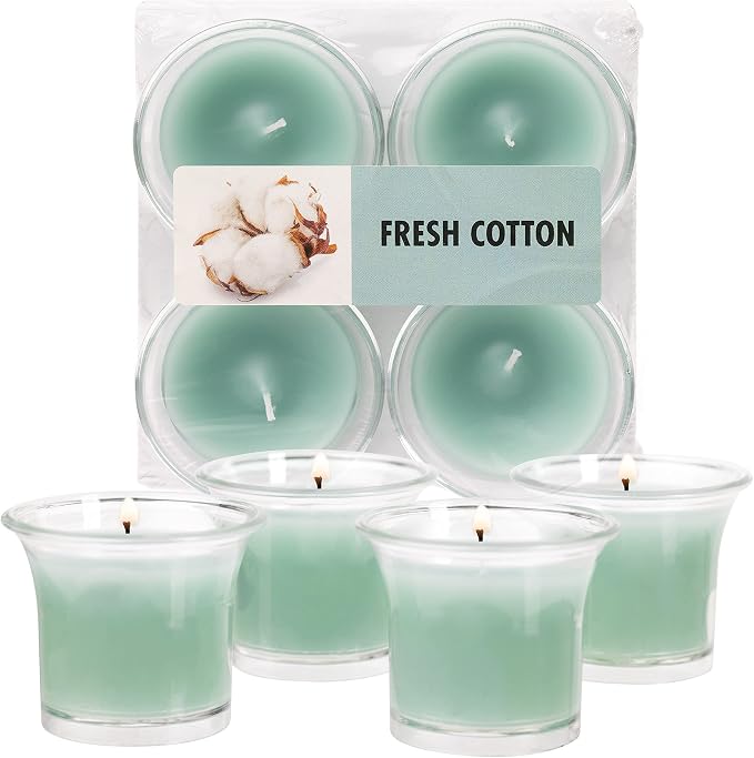 Hyoola Clear Cup Scented Votive Candles - Fresh Cotton - 12 Hour Burn Time - 4 Pack - European Made