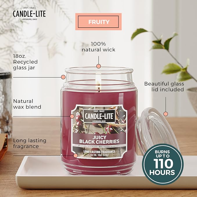 Candle-lite Scented Candles, Juicy Black Cherries, 18 oz Jar, Proudly Poured in The USA, Aromatherapy Candle, Single-Wick with 110 Hours of Burn Time, Perfect for Creating an Inviting Ambiance