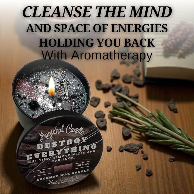 Destroy Everything Spiritual Candle to Cut Ties, Remove hexes and Bad Luck | Energy Cleansing | Soy Candles Non Toxic | Sage Candle | Cleanse Your Home & Calm and Relax (Small 4oz)