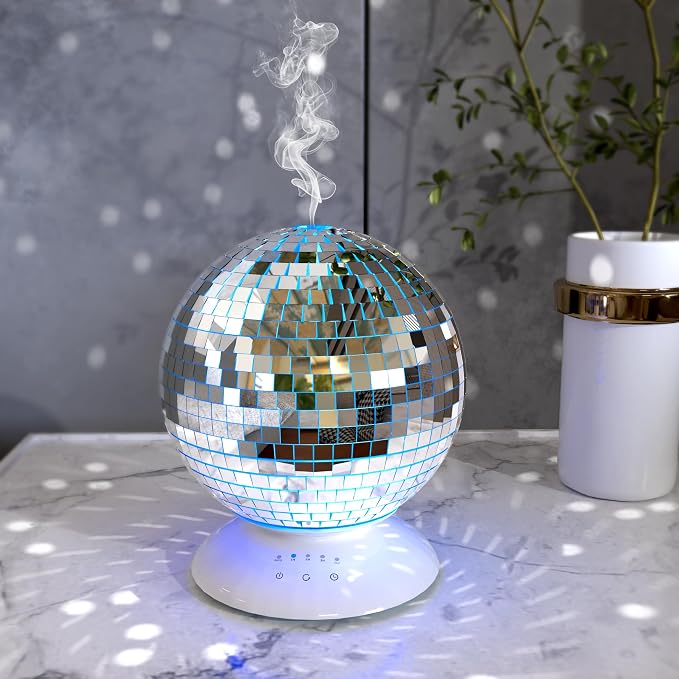 Mirror Essential Oil Diffuser Rotating, 14 Ligth Modes 4 Timer Setting Aromatherapy Diffuser, Cute Home Disco Decor Great Decoration and Accessories for Disco Party, Room, Office