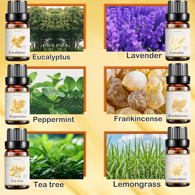 Essential Oil Set, Premium Fragrance Oils for Diffuser & Aromatherapy, Candle, Soap Making, Humidifiers, Scents Blends Included Frankincense,Lavender,Eucalyptus, Lemongrass,Peppermint,Tea Tree, 6x10ML