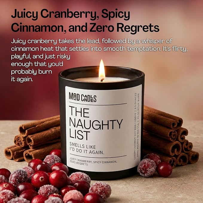 – The Naughty List Candle – Cranberry Cinnamon Scent – Luxury Black Candle for Women & Men, 9.5 oz Coconut Soy Wax Blend, 55-Hour Burn, Clean Cotton Wick, Hand Poured in the USA