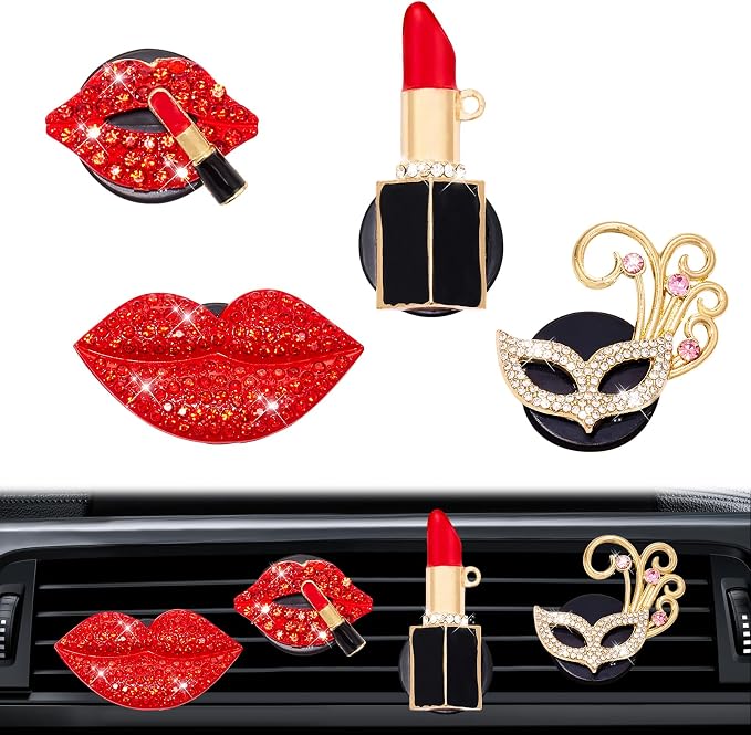 Rislobx 4PCS Bling Car Air Freshener Vent Clip, Crystal Diamond Lips Lipstick Carnival Mask Car Diffuser Vent Clip Cute Car Bling Accessories Decoration for women (Red)