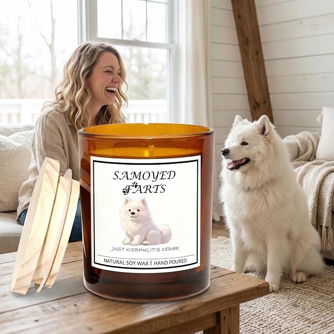 Samoyed Gifts for Women | Birthday Gifts for Mom | Light When Dog Farts Candle | Cedar By Natural Soy Wax | Pet Safe Friendly Memorial Candles for Home Scented Household Essentials
